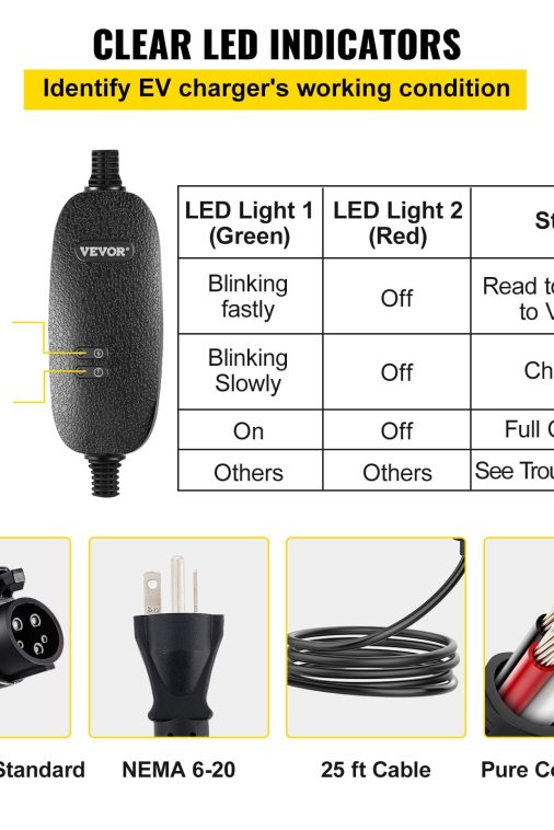 VEVOR Level 2 EV Charger, 16 Amp 110V-240V 3.84 kW, Portable Electric Vehicle Charger with 25 ft Charging Cable NEMA 6-20 Plug, SAE J1772 Standard Plug-in Home EV Charging Station for Electric Cars - Image 10