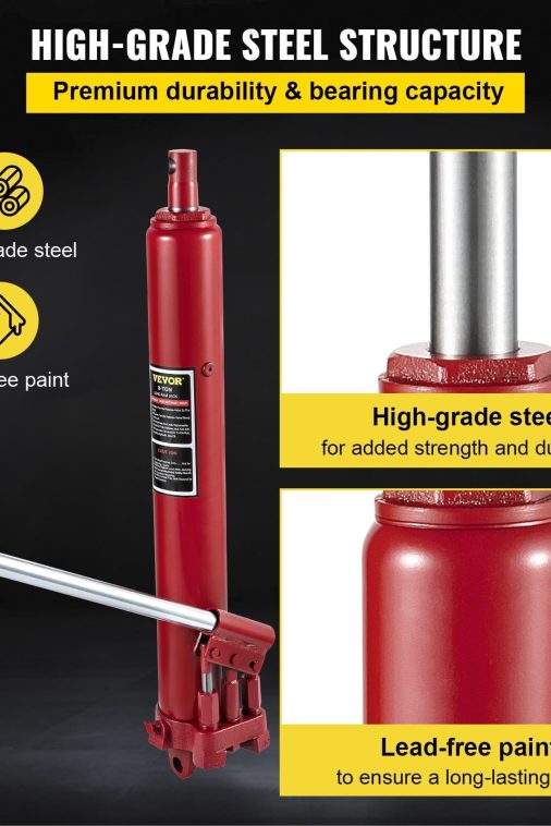 VEVOR Hydraulic Long Ram Jack, 8 Tons/17636 lbs Capacity, with Dual Piston Pump and Clevis Base, Manual Cherry Picker with Handle, for Garage/Shop Cranes, Engine Lift Hoist, Red - Image 3