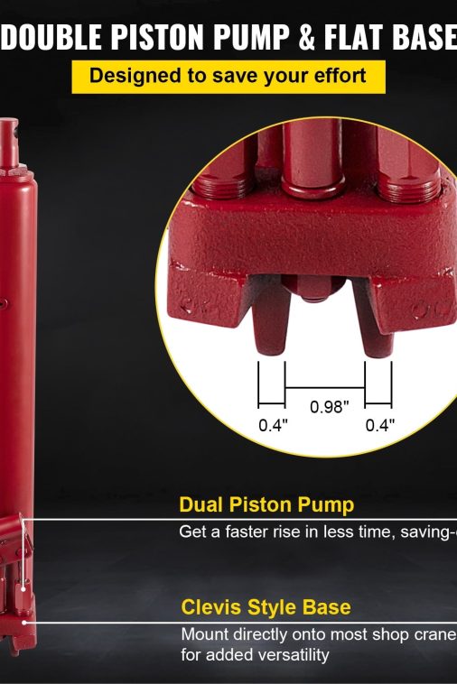 VEVOR Hydraulic Long Ram Jack, 8 Tons/17636 lbs Capacity, with Dual Piston Pump and Clevis Base, Manual Cherry Picker with Handle, for Garage/Shop Cranes, Engine Lift Hoist, Red - Image 8