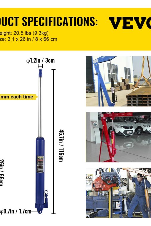 VEVOR Hydraulic Long Ram Jack, 8 Tons/17363 lbs Capacity, with Single Piston Pump and Clevis Base, Manual Cherry Picker with Handle, for Garage/Shop Cranes, Engine Lift Hoist, Blue - Image 8