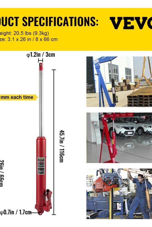 VEVOR Hydraulic Long Ram Jack, 8 Tons/17636 lbs Capacity, with Dual Piston Pump and Clevis Base, Manual Cherry Picker with Handle, for Garage/Shop Cranes, Engine Lift Hoist, Red - Image 5
