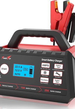 TowerTop Battery Charger, 3/15/25Amp 12V Fully Automatic Smart Trickle Charger, Automotive Battery Maintainer for 12 Volt Lead-Acid and LiFePO4 Lithium Batteries
