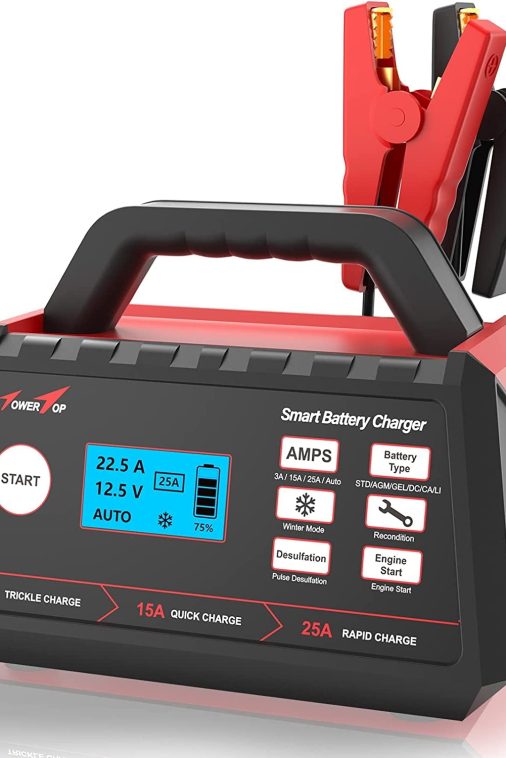 TowerTop Battery Charger, 3/15/25Amp 12V Fully Automatic Smart Trickle Charger, Automotive Battery Maintainer for 12 Volt Lead-Acid and LiFePO4 Lithium Batteries